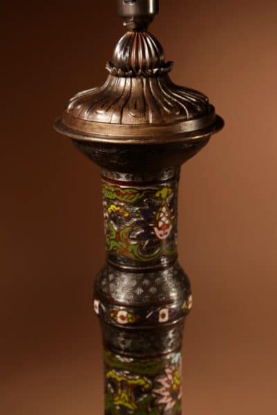 Original Impressive Champlevé Japanese bronze table lamp. japan Antique Lighting 5