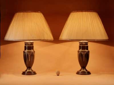 Dutch Art Nouveau / Art Deco Very Stylish Original Patinated And Polished Brass Table Lamps. 