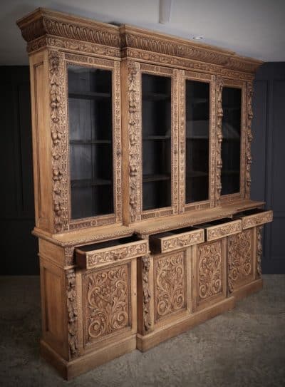 Impressive Bleached Carved Oak Glazed Bookcase bookcase Antique Bookcases 12