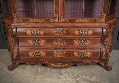 Large Dutch Marquetry Inlaid Walnut Bombe Shaped Cabinet display cabinet Antique Cabinets 14