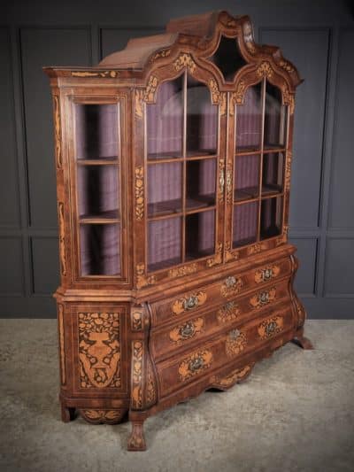 Large Dutch Marquetry Inlaid Walnut Bombe Shaped Cabinet display cabinet Antique Cabinets 4