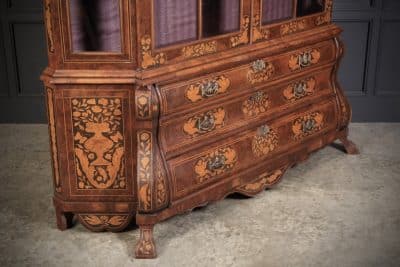 Large Dutch Marquetry Inlaid Walnut Bombe Shaped Cabinet - Image 15