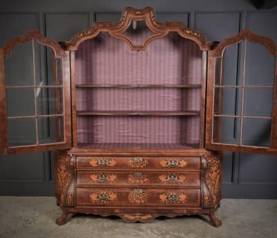 Large Dutch Marquetry Inlaid Walnut Bombe Shaped Cabinet display cabinet Antique Cabinets 11