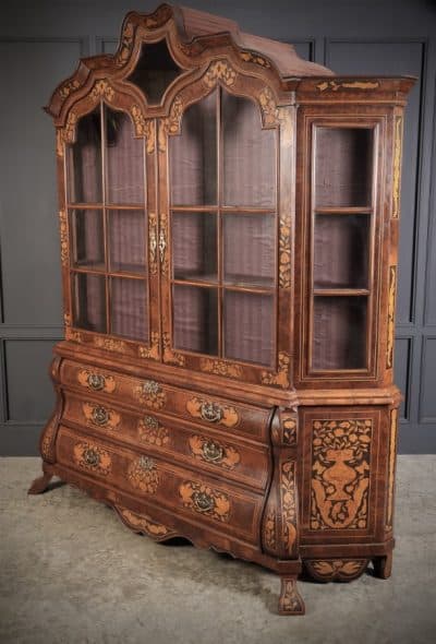 Large Dutch Marquetry Inlaid Walnut Bombe Shaped Cabinet display cabinet Antique Cabinets 10