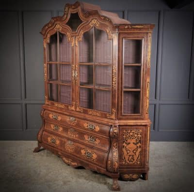 Large Dutch Marquetry Inlaid Walnut Bombe Shaped Cabinet