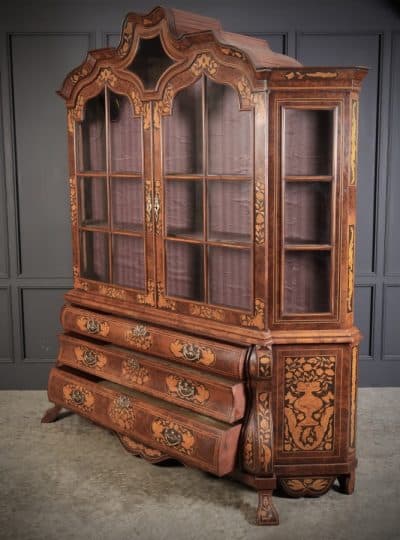 Large Dutch Marquetry Inlaid Walnut Bombe Shaped Cabinet display cabinet Antique Cabinets 16