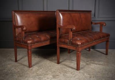 Rare Pair of Regency Mahogany & Leather Hall Benches