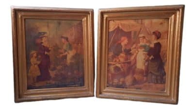 19th Century a Pair Oil on Canvas Painting Antique Art 3