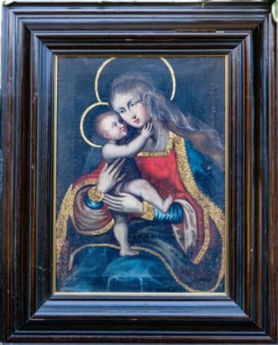 Antique Mary With Jesus With Gold Relief, Oil on Canvas. Antique Art 3