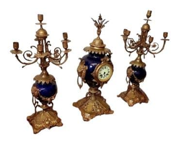 19th Century Cobalit Blue French Clock With Candelstick, 3 piece. Antique Clocks 3