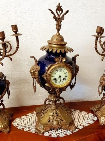 19th Century Cobalit Blue French Clock With Candelstick, 3 piece. Antique Clocks 7