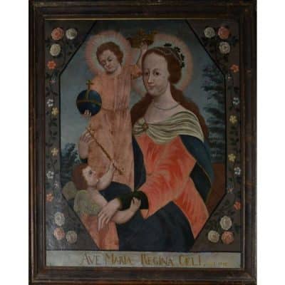 Antique Baroque Oil on Canvas, Ave Maria Regina Celi