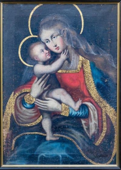 Antique Mary With Jesus With Gold Relief, Oil on Canvas. Antique Art 6