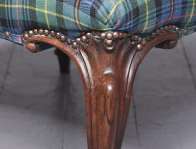 Large Victorian Rosewood Cabriole Leg Centre Stool with Deep Buttoned, Brass Studded Tartan Upholstery - Image 4