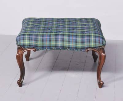 Large Victorian Rosewood Cabriole Leg Centre Stool with Deep Buttoned, Brass Studded Tartan Upholstery - Image 7