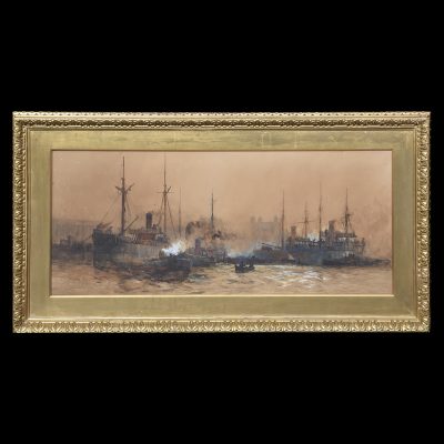 Large Water Colour Painting by Charles Edward Dickson of Shipping In A River Antique Art 3