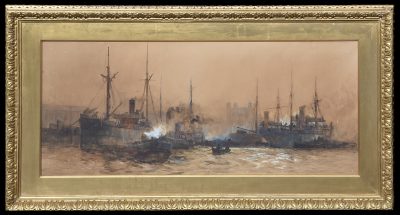 Large Water Colour Painting by Charles Edward Dickson of Shipping In A River Antique Art 4