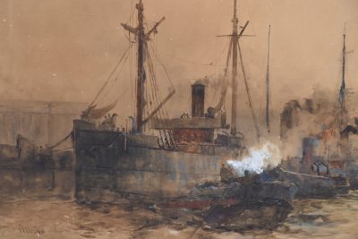 Large Water Colour Painting by Charles Edward Dickson of Shipping In A River Antique Art 5