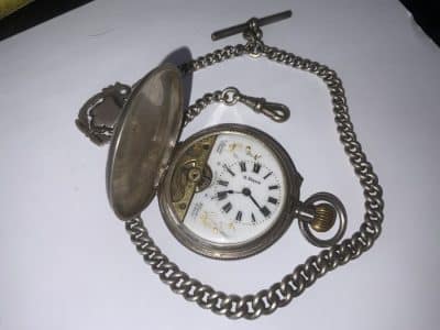 POCKET WATCH & CHAIN FULL HUNTER SOLID SILVER Antique Clocks 13