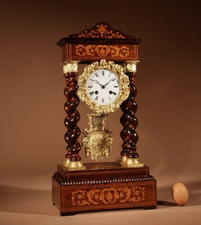 An Original Antique Rosewood and Lemon Wood Inlayed French Portico Clock Circa:1870 French mantel clock Antique Clocks 3