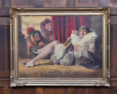 Oil On Canvas By Richard Geiger, Commedia Dell’arte SAI3599 Antique Oil Painting Antique Art 3