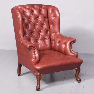 George III Style Button-Back Pale Burgundy Leather Upholstered Wing Chair Antique Chairs