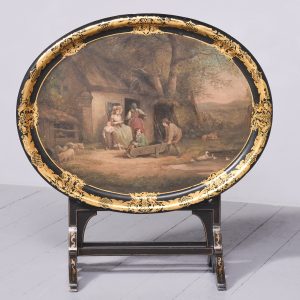 Victorian Oval Hand-Painted Paper Mâché Tray with an Ebonized and Gold Leaf Border Antique Collectibles