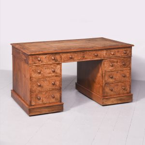 Quality Large Mid-Victorian, Free-Standing Burr Walnut Pedestal Desk Antique Desks