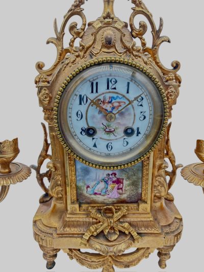 Stunning antique French 3-piece Mantel clock & candelabra set – ca1890 French ormolo mantel clock Antique Clocks 9