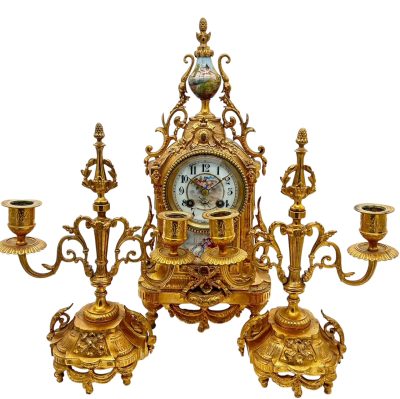 Stunning antique French 3-piece Mantel clock & candelabra set – ca1890 French ormolo mantel clock Antique Clocks 3