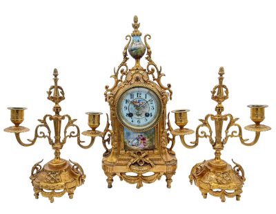 Stunning antique French 3-piece Mantel clock & candelabra set – ca1890 French ormolo mantel clock Antique Clocks 12