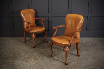 Pair of Queen Anne Style Walnut & Leather Armchairs armchairs Antique Chairs 3