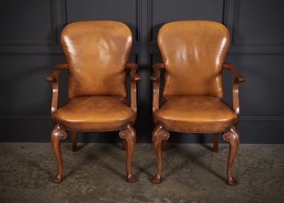 Pair of Queen Anne Style Walnut & Leather Armchairs armchairs Antique Chairs 4