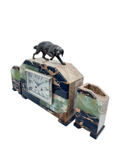 Fabulous French Art Deco Marble & Retriever Dog Figural Mantel Clock Set – ca1920 - Image 9