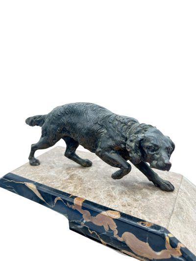 Fabulous French Art Deco Marble & Retriever Dog Figural Mantel Clock Set – ca1920 - Image 8