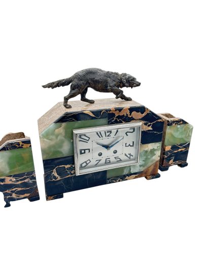 Fabulous French Art Deco Marble & Retriever Dog Figural Mantel Clock Set – ca1920 mantel clock set Antique Clocks 8