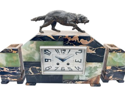 Fabulous French Art Deco Marble & Retriever Dog Figural Mantel Clock Set – ca1920 mantel clock set Antique Clocks 5