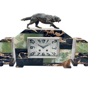 Fabulous French Art Deco Marble & Retriever Dog Figural Mantel Clock Set – ca1920 mantel clock set Antique Clocks