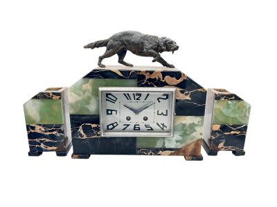 Fabulous French Art Deco Marble & Retriever Dog Figural Mantel Clock Set – ca1920 mantel clock set Antique Clocks 3