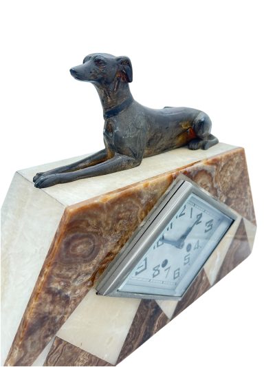 Beautiful French Art Deco Marble & Greyhound Dog Figural Mantel Clock – ca1920 French mantel clock Antique Clocks 7