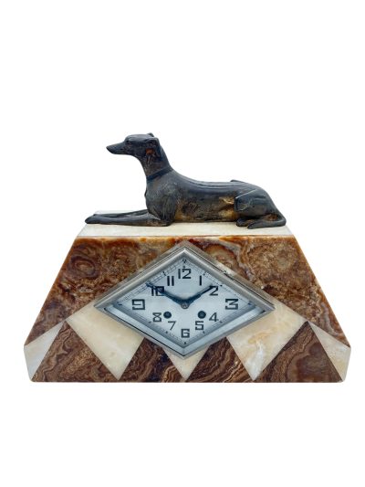 Beautiful French Art Deco Marble & Greyhound Dog Figural Mantel Clock – ca1920 French mantel clock Antique Clocks 4