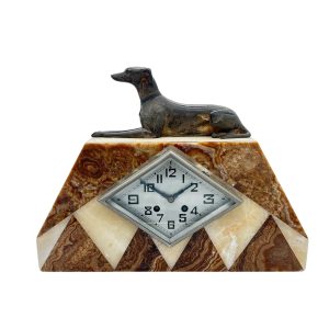 Beautiful French Art Deco Marble & Greyhound Dog Figural Mantel Clock – ca1920 French mantel clock Antique Clocks