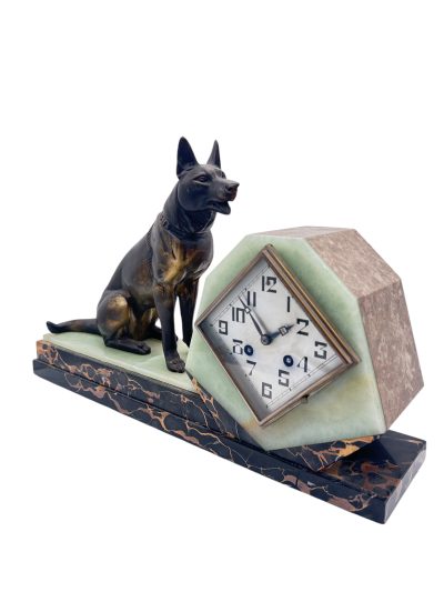 Stunning French Art Deco Marble & Alsatian Dog Figural Mantel Clock – ca1920 French mantel clock Antique Clocks 15