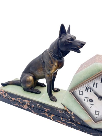 Stunning French Art Deco Marble & Alsatian Dog Figural Mantel Clock – ca1920 French mantel clock Antique Clocks 6