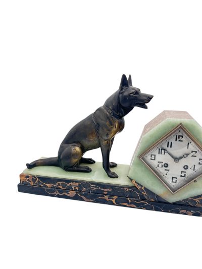 Stunning French Art Deco Marble & Alsatian Dog Figural Mantel Clock – ca1920 French mantel clock Antique Clocks 5