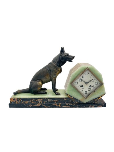 Stunning French Art Deco Marble & Alsatian Dog Figural Mantel Clock – ca1920 French mantel clock Antique Clocks 3