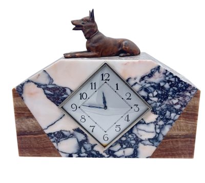 Gorgeous French Art Deco Marble & Alsatian Dog Figural Mantel Clock – ca1940 French mantel clock Antique Clocks 3