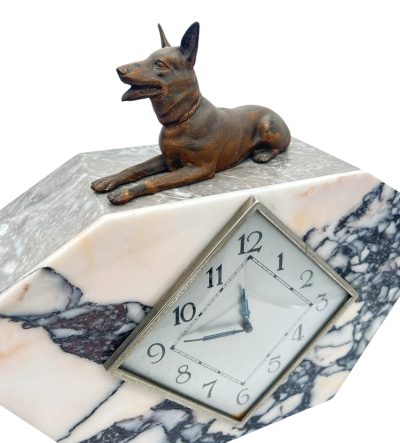 Gorgeous French Art Deco Marble & Alsatian Dog Figural Mantel Clock – ca1940 French mantel clock Antique Clocks 9