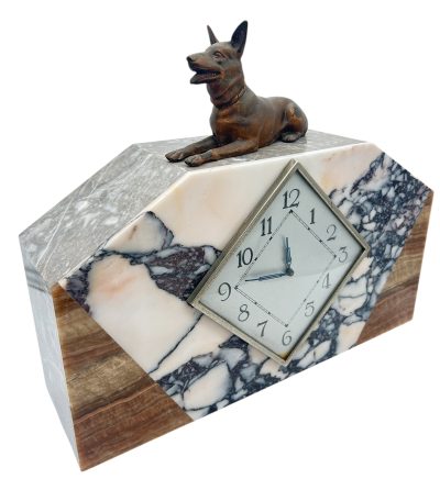 Gorgeous French Art Deco Marble & Alsatian Dog Figural Mantel Clock – ca1940 French mantel clock Antique Clocks 11