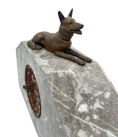 Gorgeous French Art Deco Marble & Alsatian Dog Figural Mantel Clock – ca1940 French mantel clock Antique Clocks 4